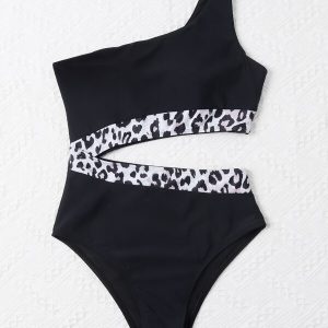 Bañador negro con estampado de leopardo